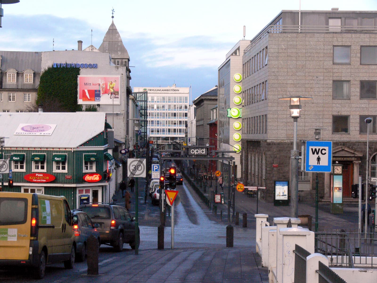 Austurstræti in Reykjavík seen from the old-center area toward Lækjargata.
