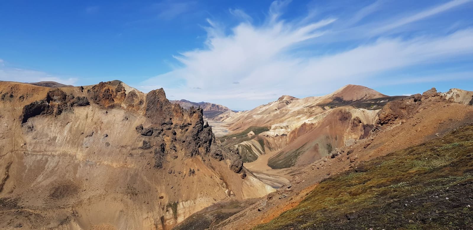 Rhyolite mountains and lava terrain in Fjallabak near the Frostastaðavatn route.