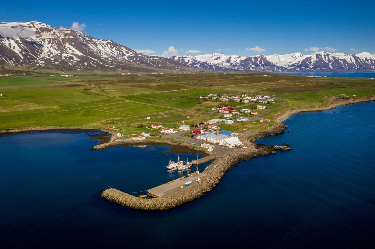 Aerial view of Hauganes harbor and village on the west side of Eyjafjörður