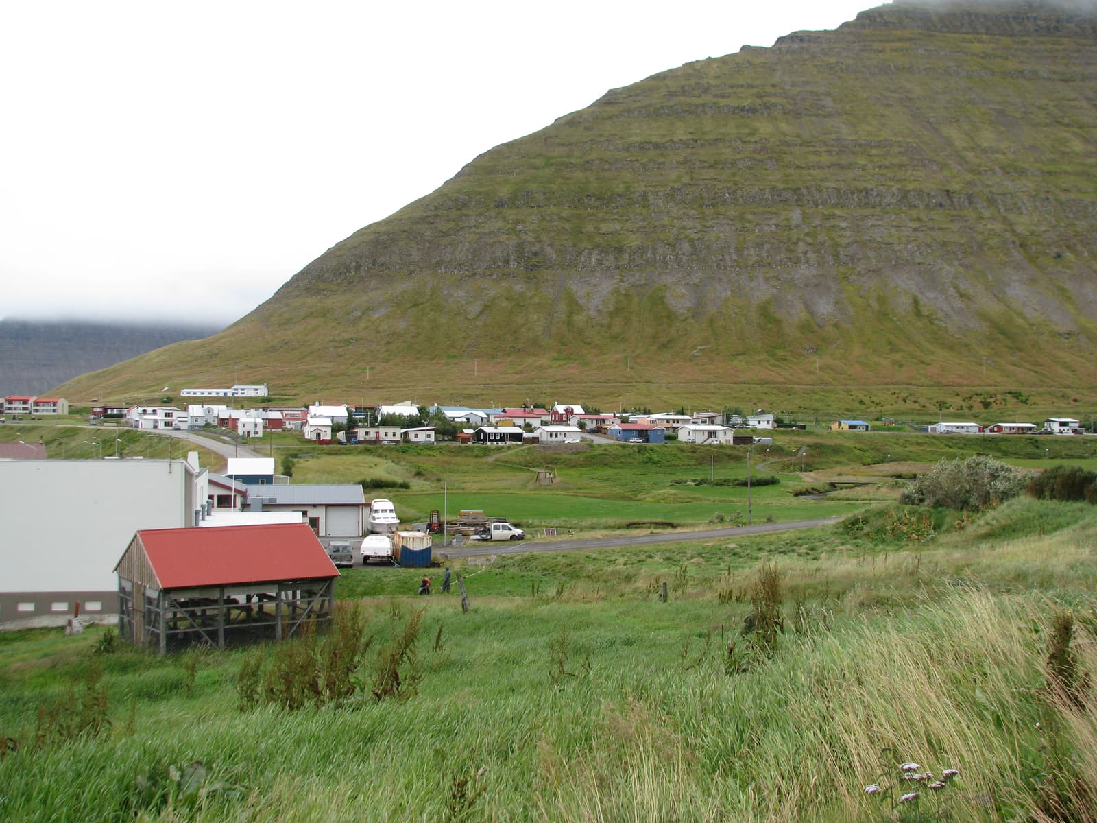 Houses in Hnífsdalur beneath the steep hillside and grassy valley edge.