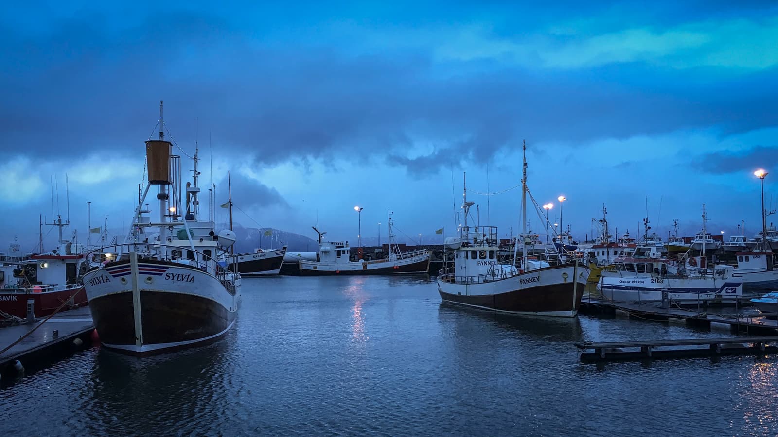 Fishing and tour boats moored in Húsavík harbor under a cold blue winter sky.
