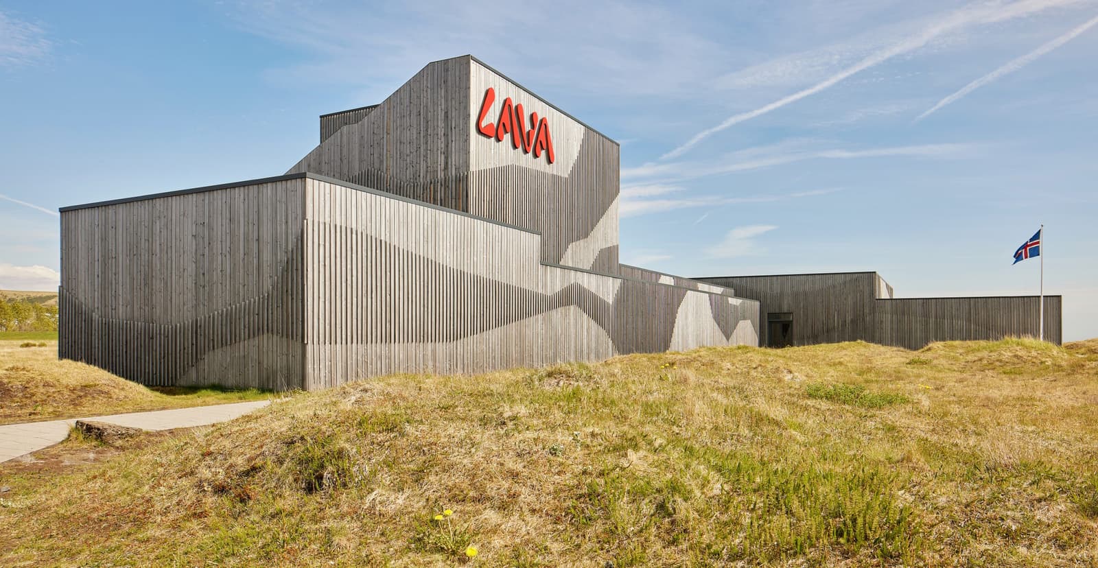 Wide interior view of the LAVA Centre exhibition hall in Hvolsvollur.