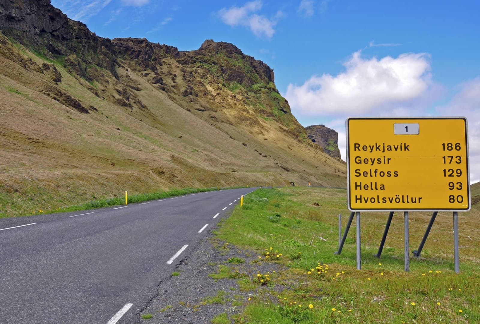Ring Road direction sign near Hvolsvollur with distances toward nearby South Iceland route anchors.