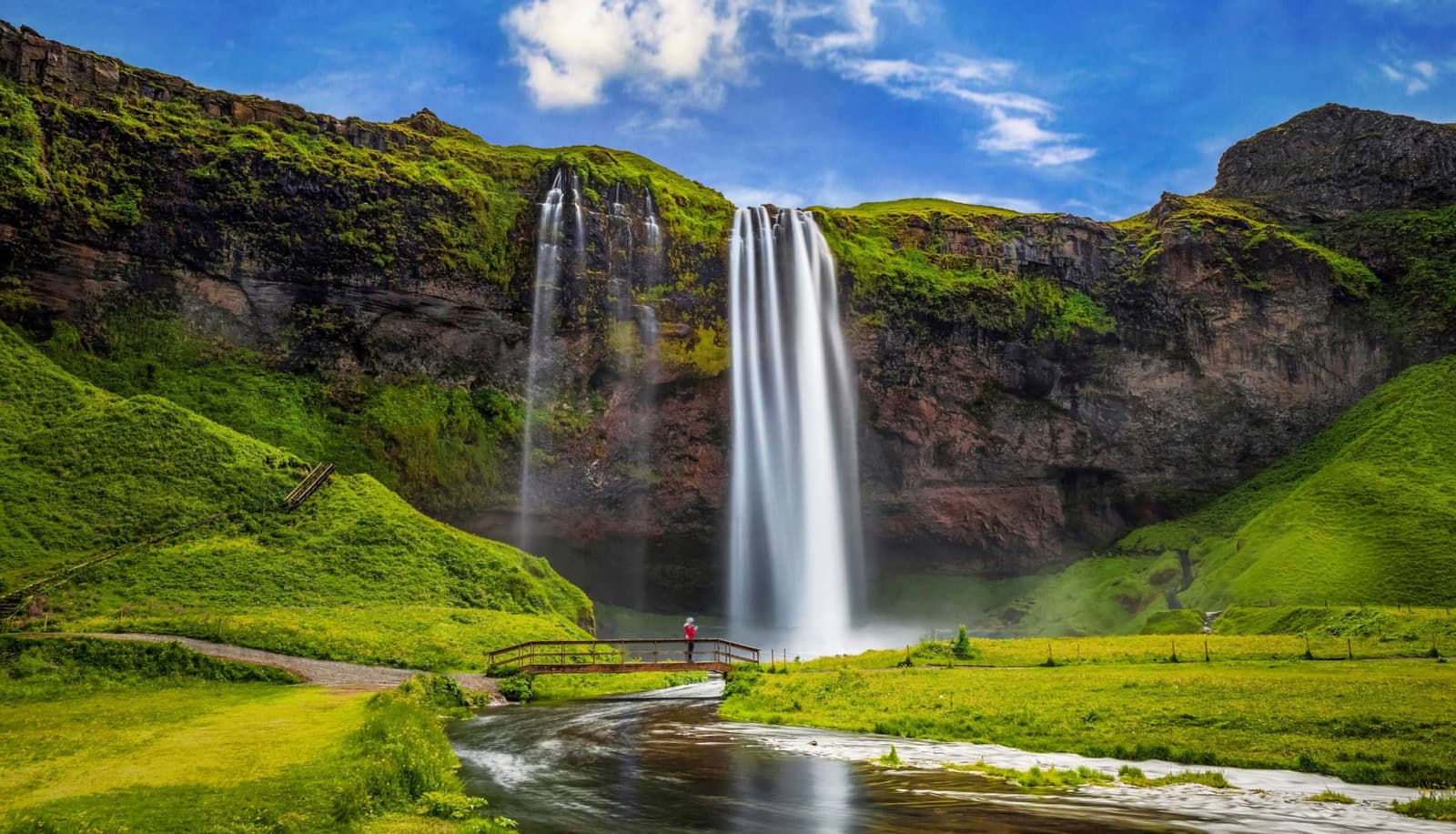 Seljalandsfoss waterfall near Hvolsvollur on a green summer day.