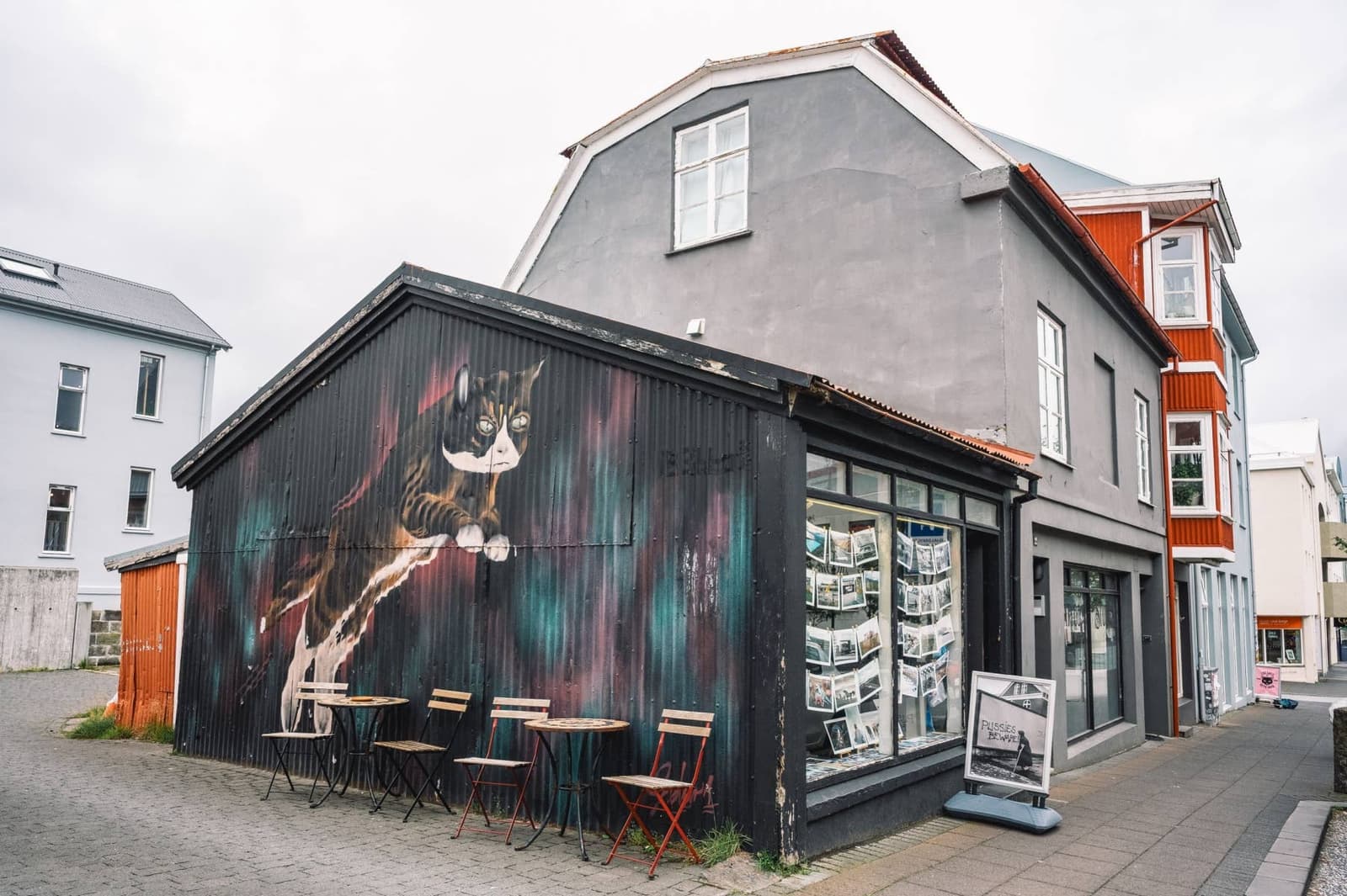 Cat mural and cafe tables on a side street near Skólavörðustígur in Reykjavík.