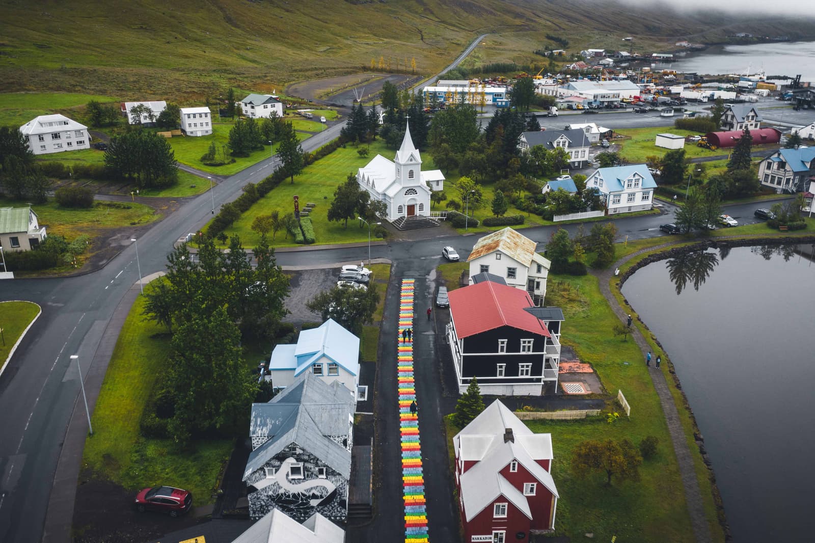 Top view of Seyðisfjörður showing the area where the Technical Museum of East Iceland sits by the harbor.