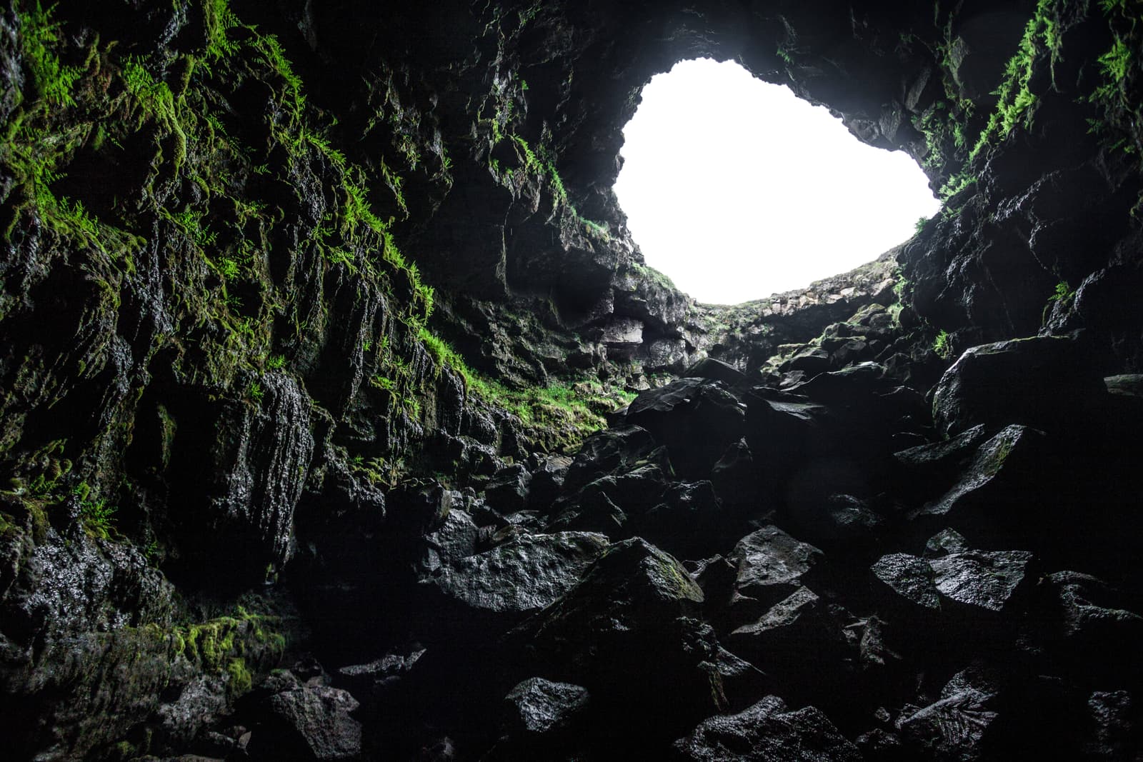 Mossy black lava walls inside Arnarker cave with daylight pouring through the collapsed entrance.