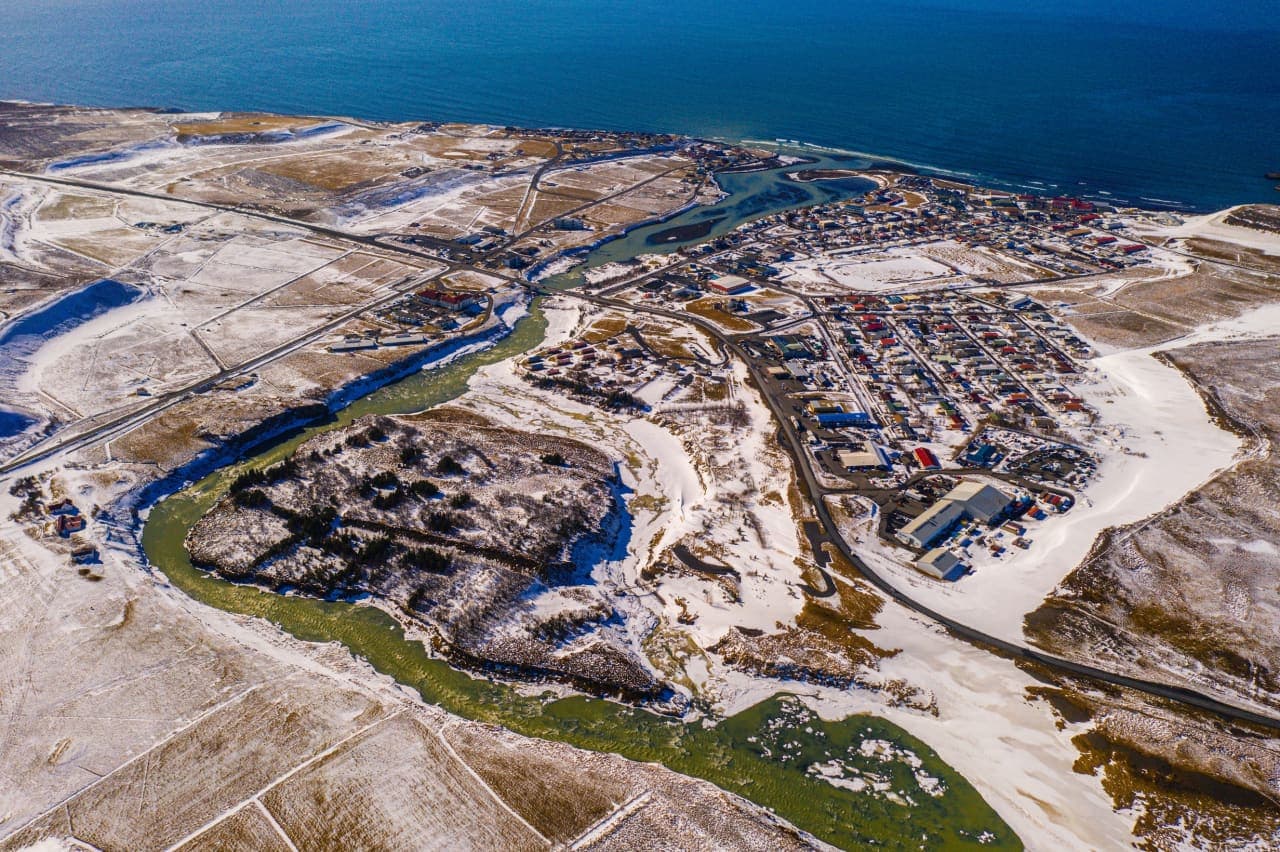 Blönduós town and north-coast landscape near the mouth of the Blanda river.