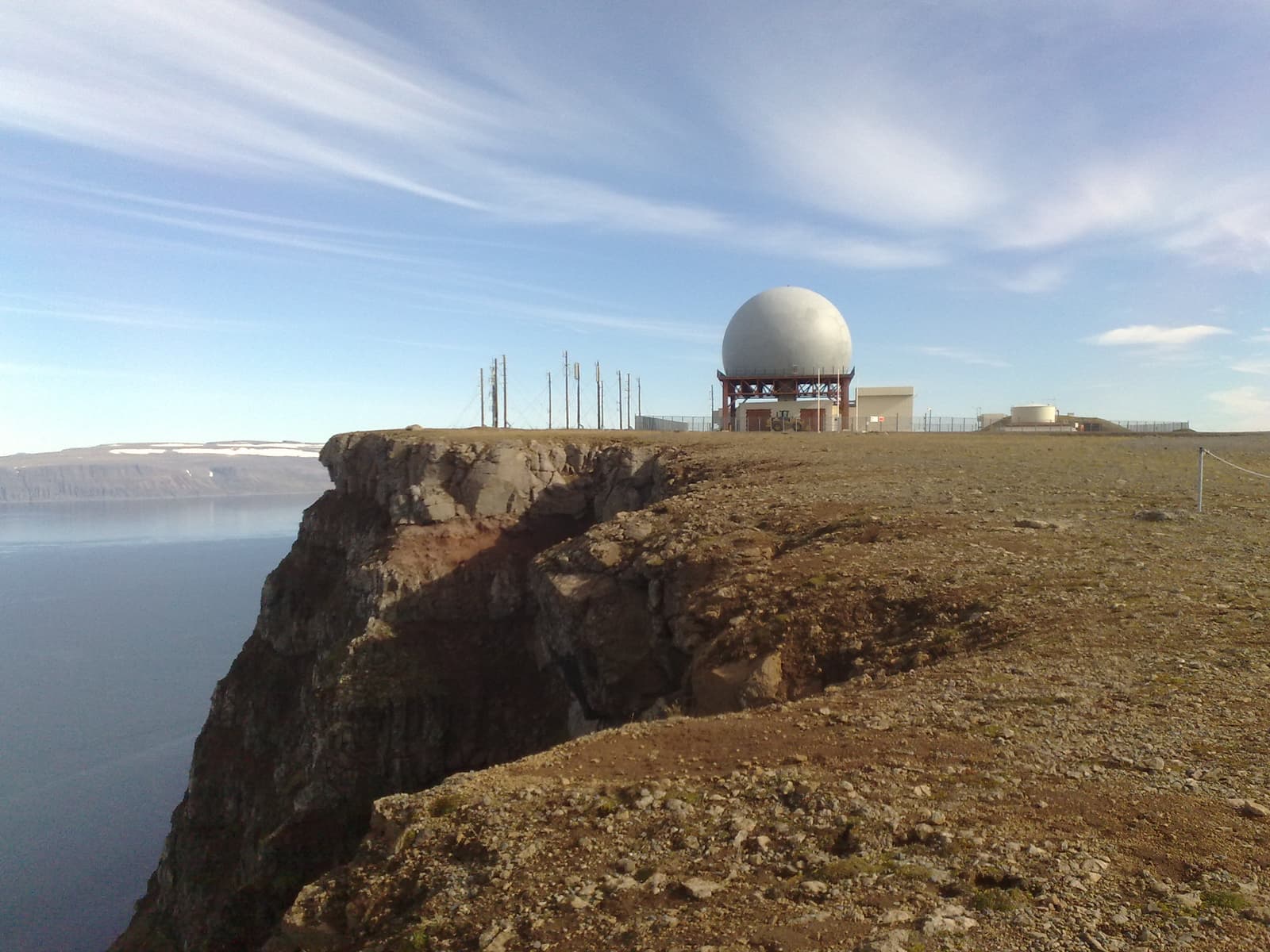 Bolafjall radar station on a cliff above Ísafjarðardjúp in the Westfjords