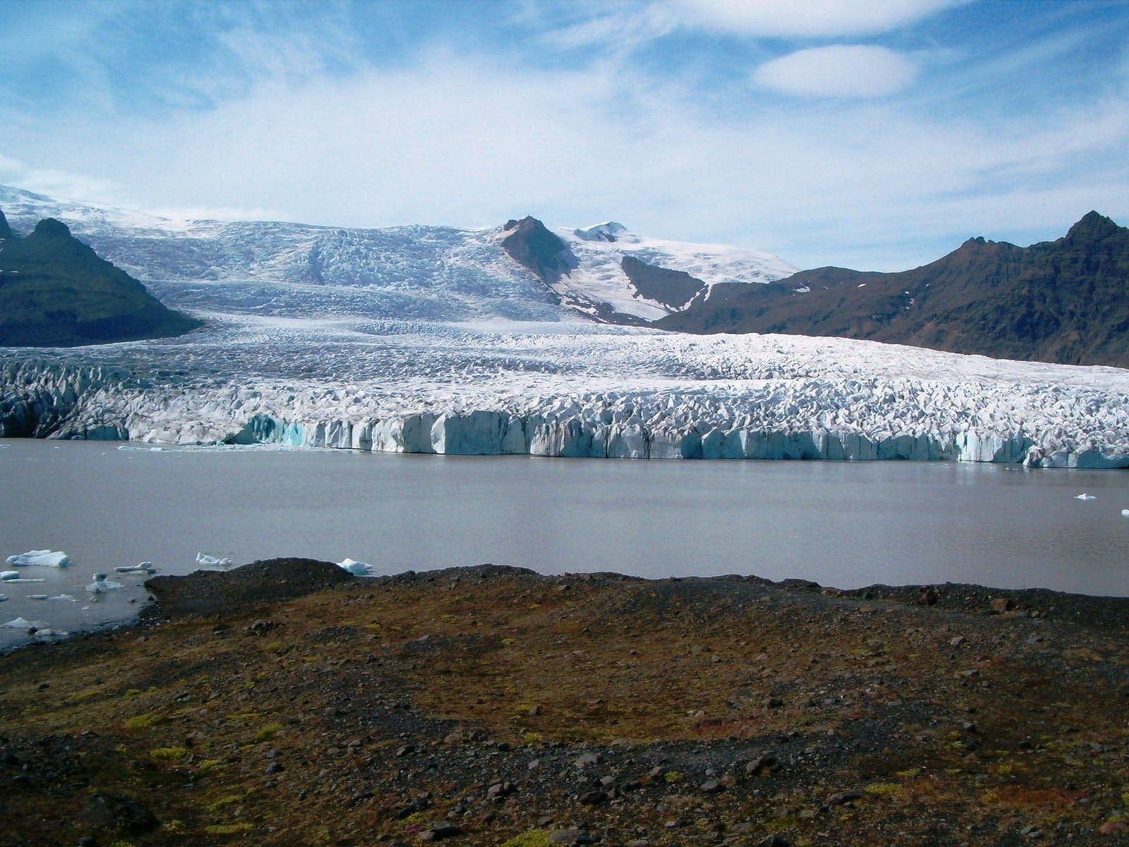 Breiðárlón Glacier Lagoon below Vatnajökull ice with water, moraine, and mountains in view.