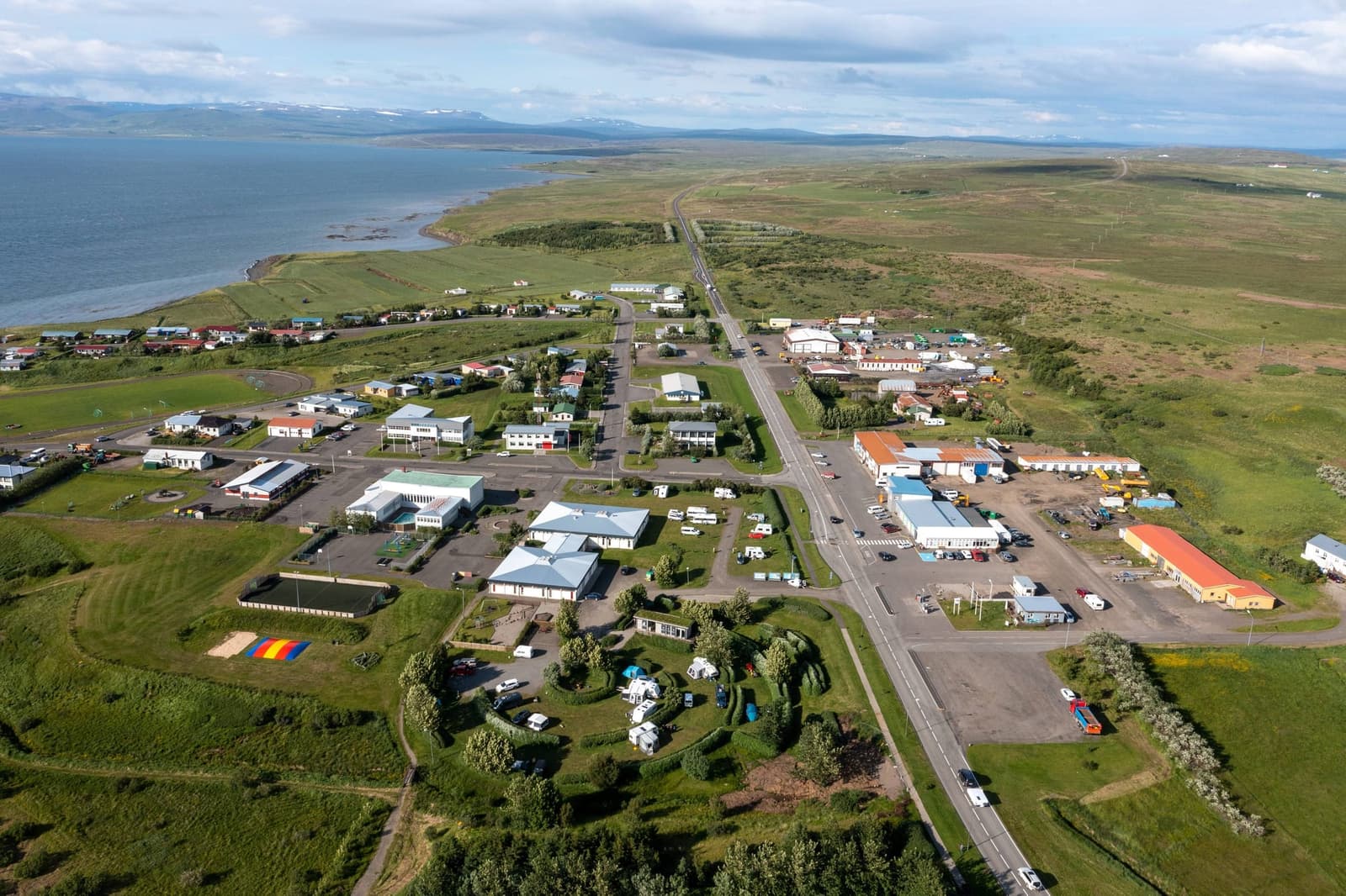 Aerial view of Búðardalur beside Hvammsfjörður in Dalir.