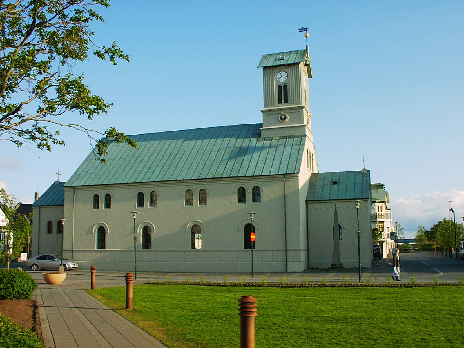 Dómkirkjan exterior seen across a green lawn in central Reykjavík