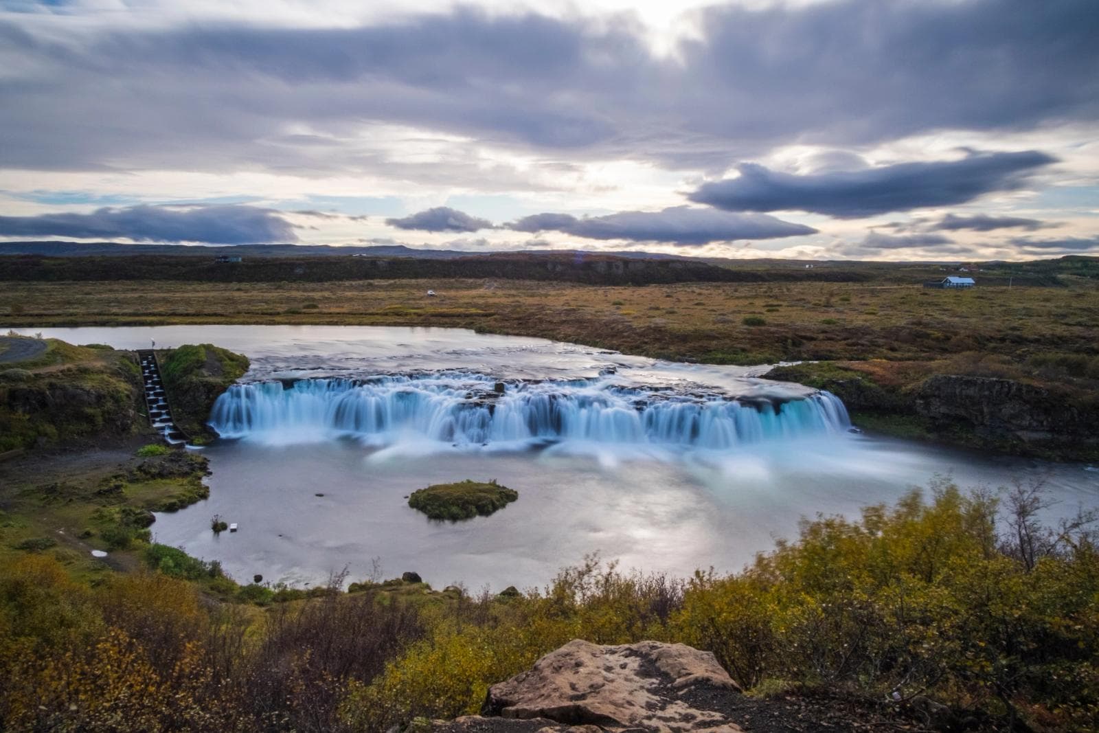 Wide view of Faxi Waterfall spreading across Tungufljót on the Golden Circle.