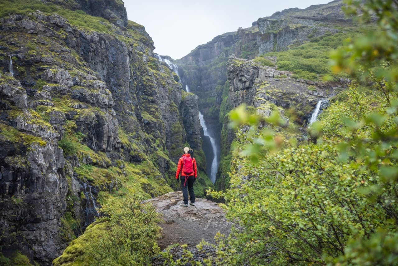 A hiker looking toward Glymur Waterfall inside a steep green canyon in Hvalfjordur.
