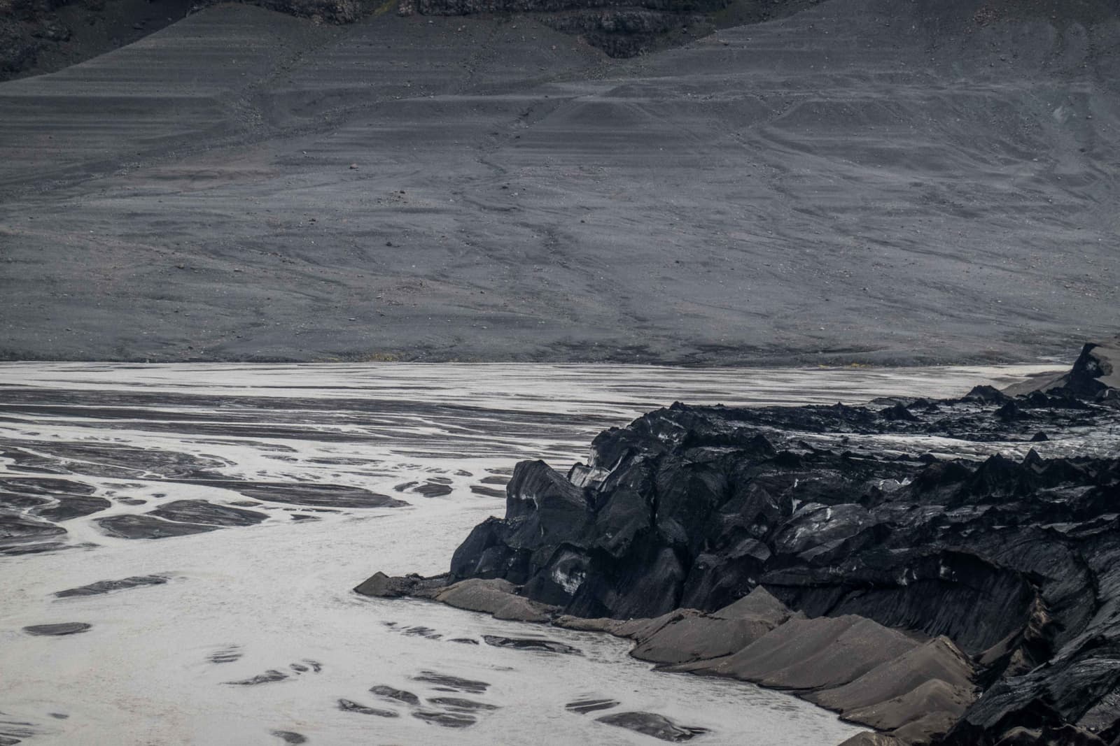 Braided silty channels and broken ice in the former Grænalón basin in South Iceland.