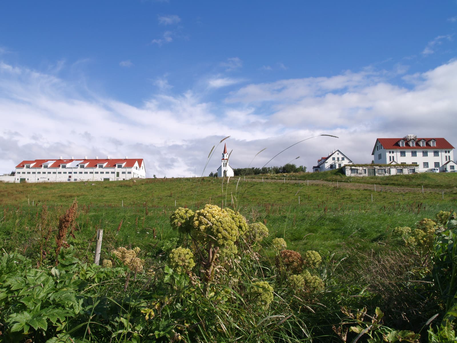 Hvanneyri church and white farmstead buildings above green fields in Borgarfjörður.