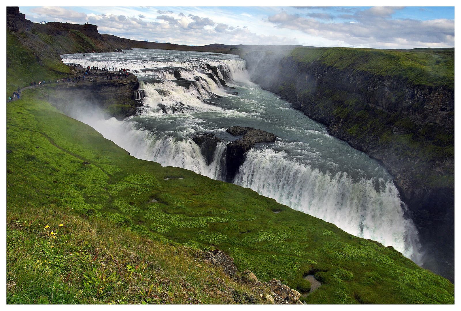 Hvítá River flowing over Gullfoss waterfall into a deep green canyon in South Iceland.
