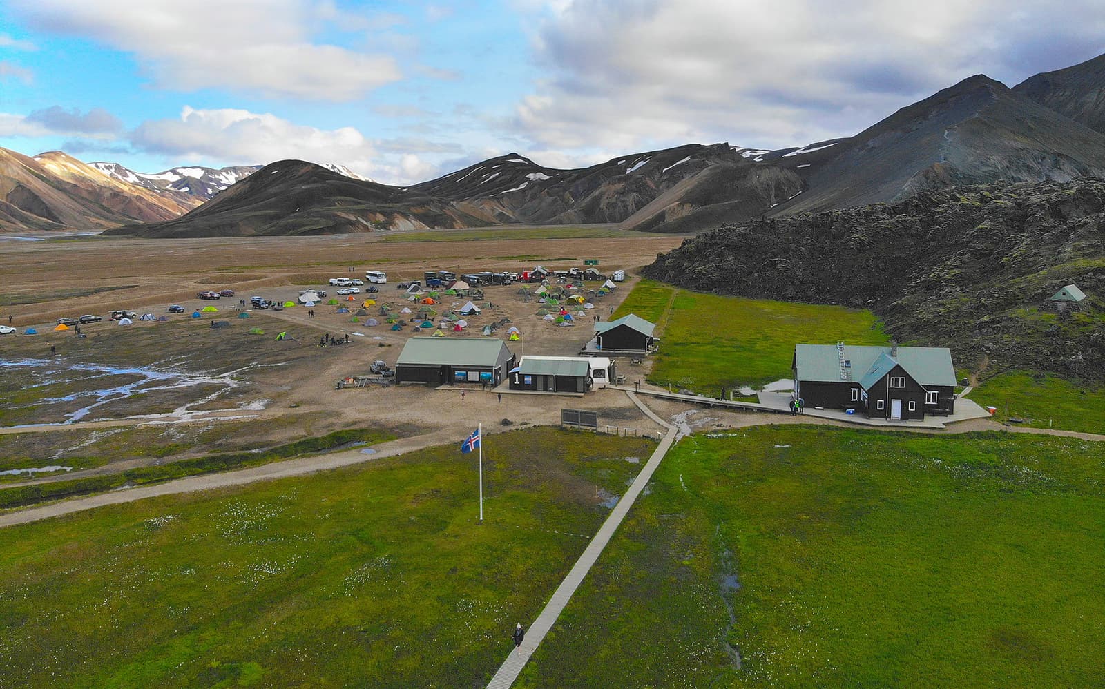 Landmannalaugar hut, campsite, boardwalk, and rhyolite mountains in the Fjallabak Nature Reserve.