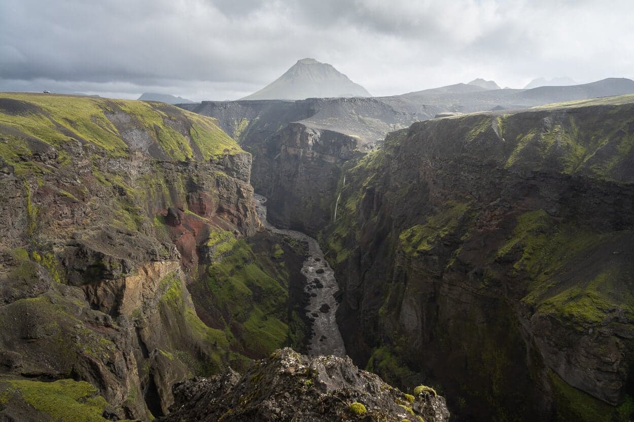 Markarfljótsgljúfur canyon with the Markarfljót river below and Hattfell mountain beyond the rim.