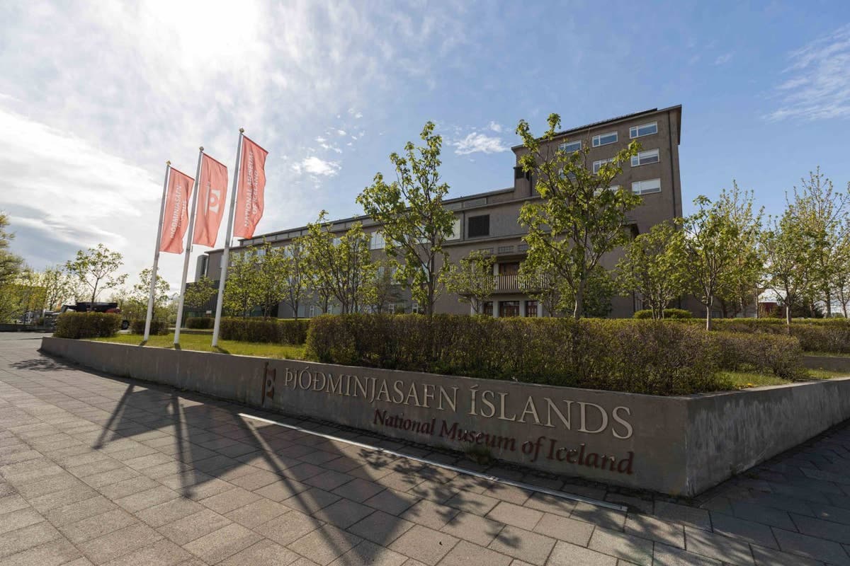 National Museum of Iceland building and entrance sign on Suðurgata in Reykjavík.