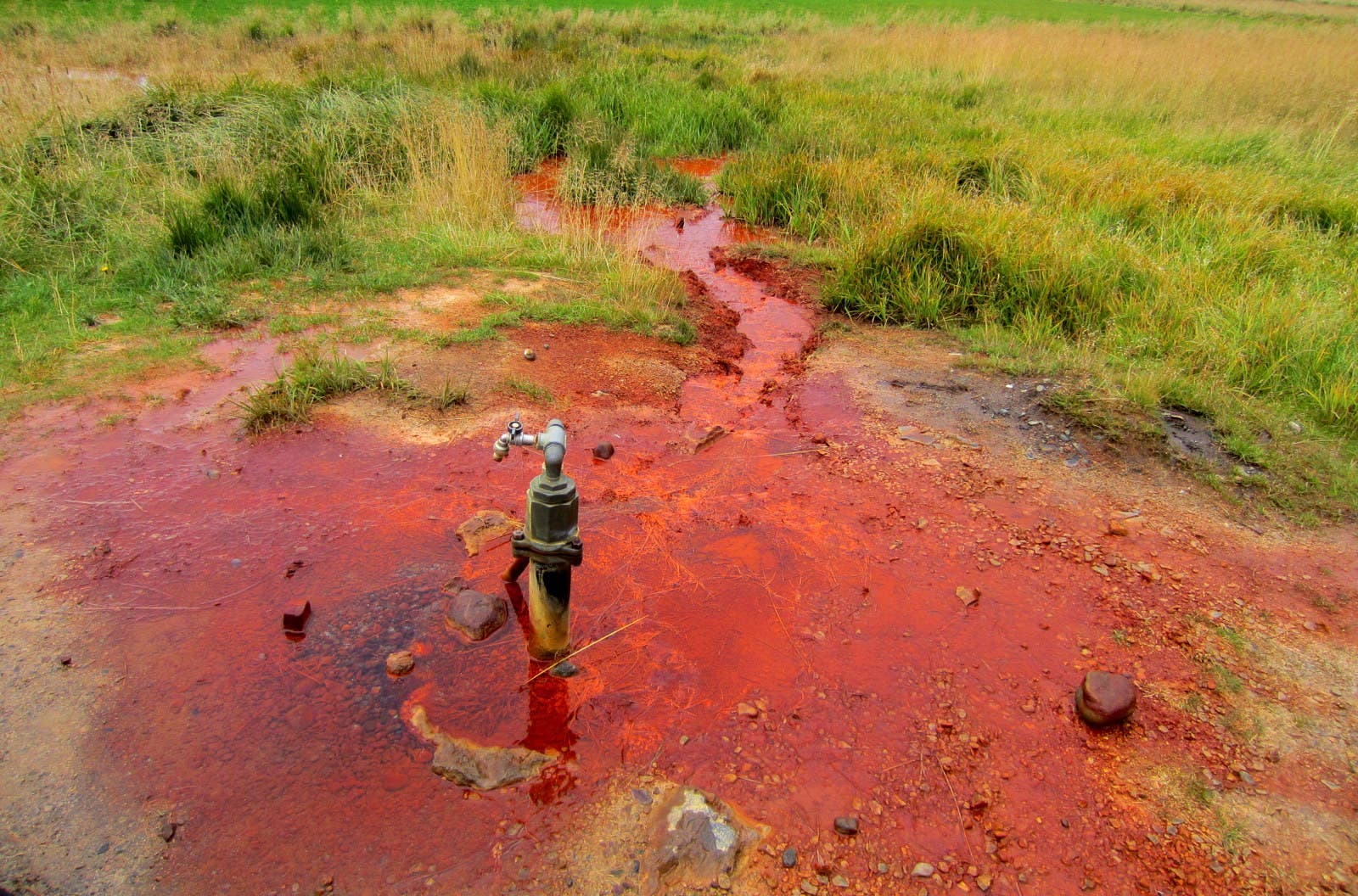 Red iron-stained mineral water flowing around the tap at Ölkelda on Snæfellsnes.