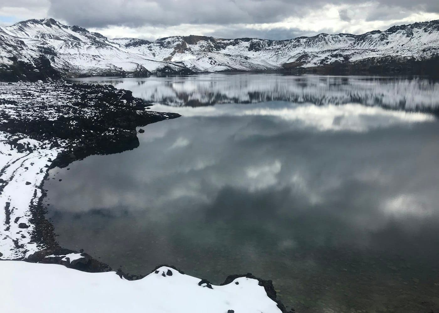 Öskjuvatn lake reflecting snowy Dyngjufjöll caldera walls inside Askja in the Icelandic Highlands.