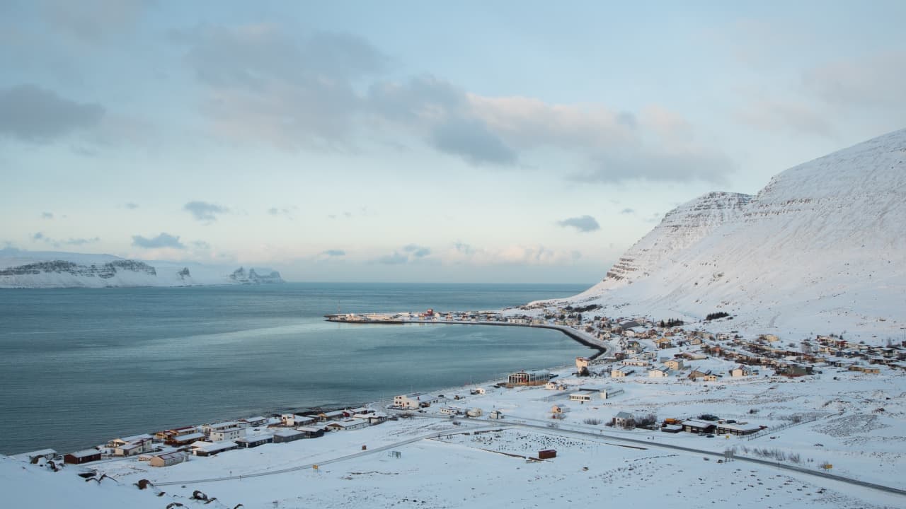Patreksfjörður town beside a winter fjord with harbor buildings and snow-covered Westfjords slopes.