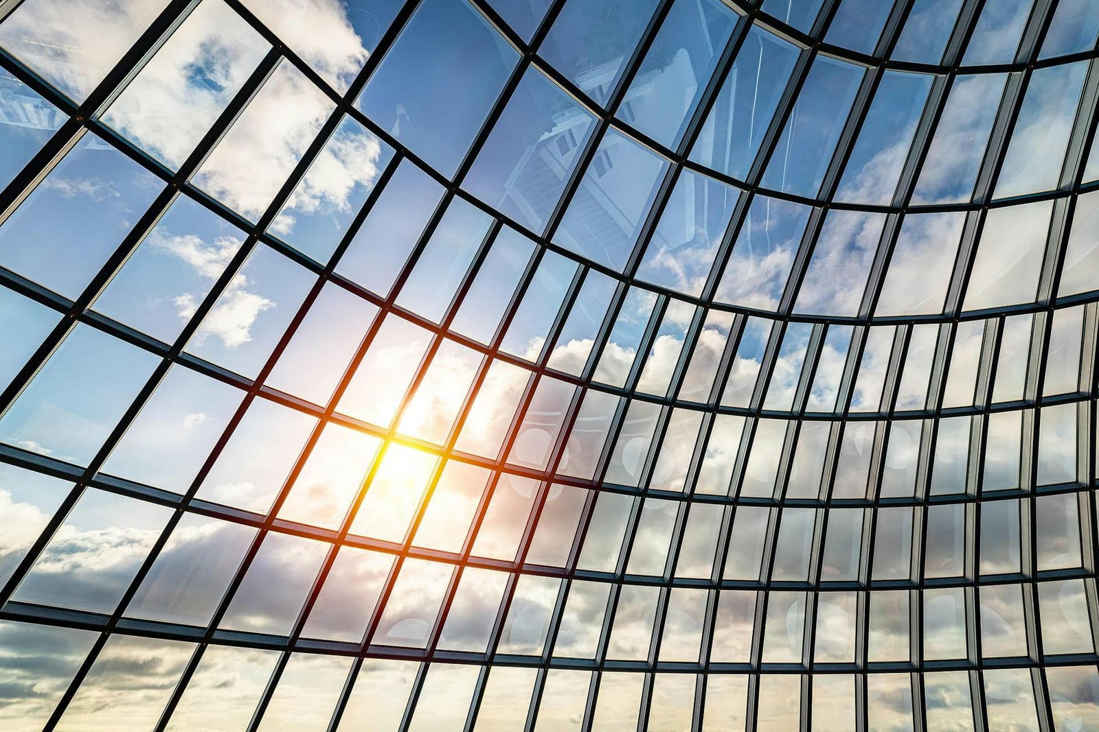 Glass panels inside Perlan's dome with daylight shining through.