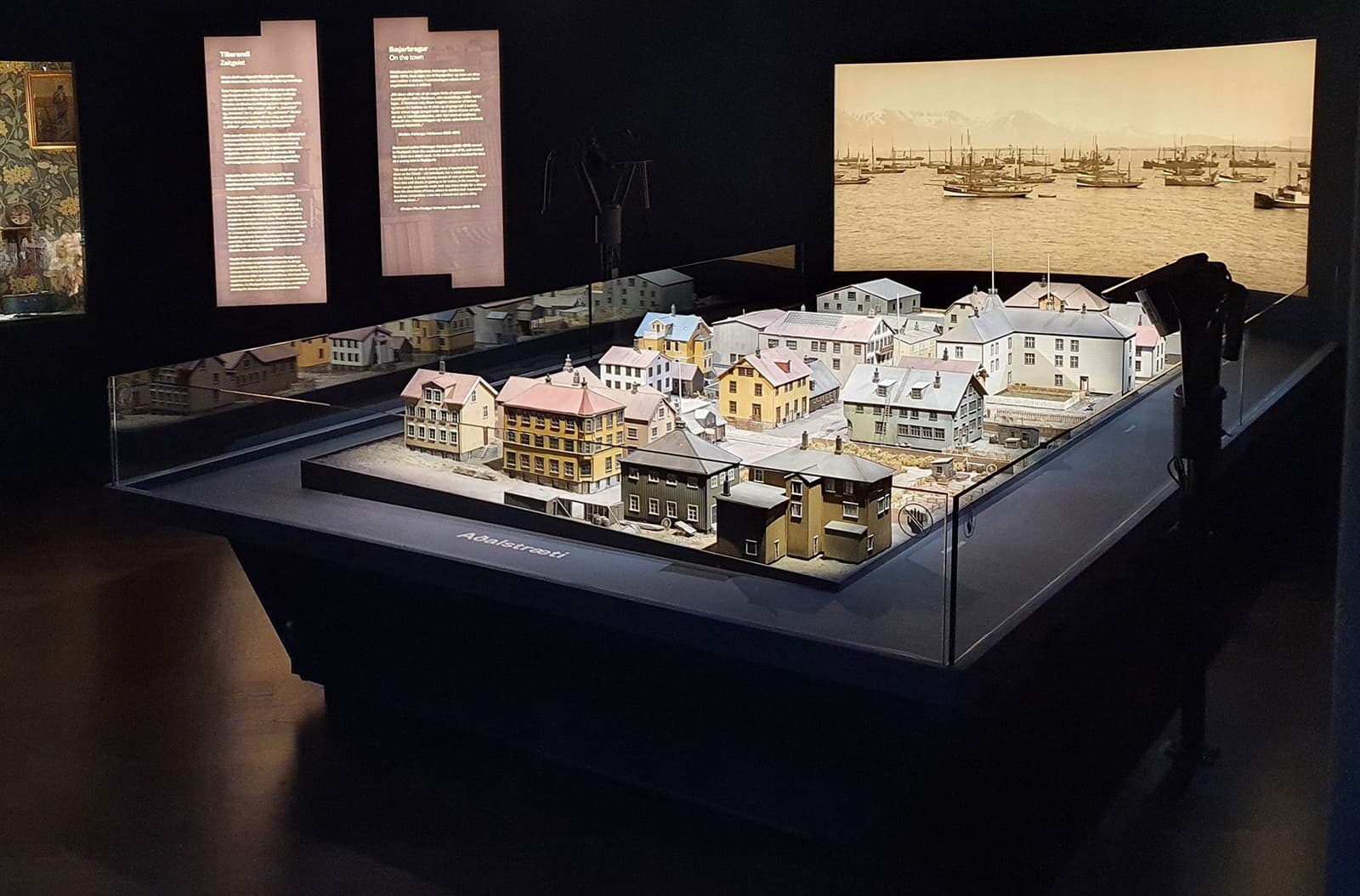 Scale model of historic Aðalstræti buildings inside the Reykjavík City Museum exhibition.
