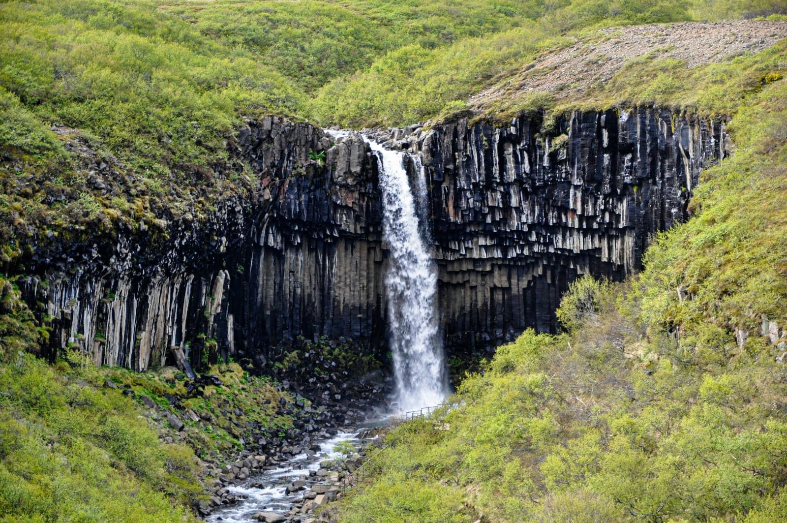 View toward Svartifoss and dark basalt columns in the Skaftafell hiking area.