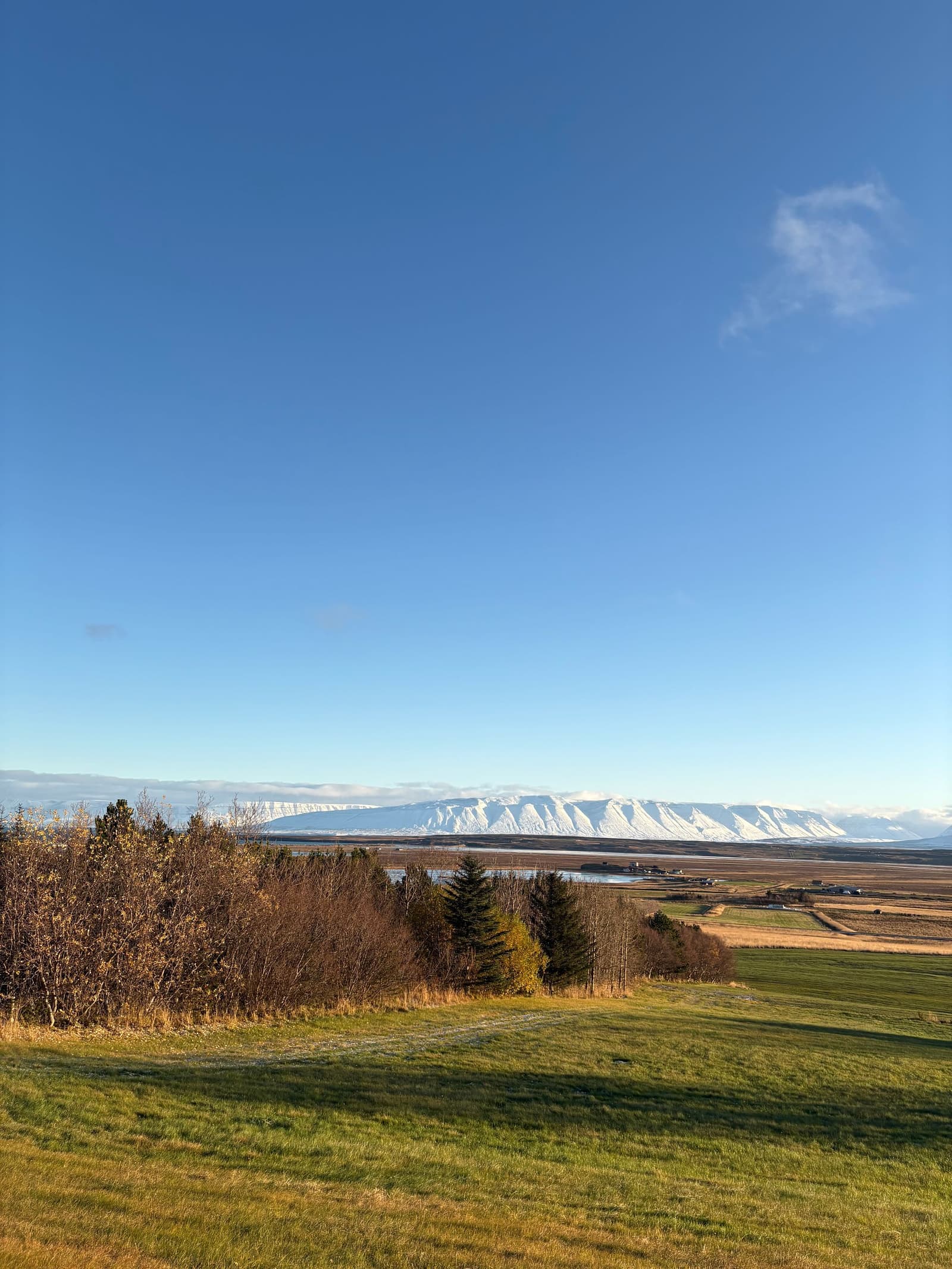 Open Skagafjörður farmland with Tindastóll mountain and snowy ridges beyond the valley.