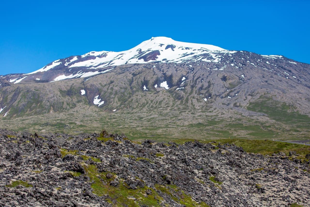 Snæfellsjökull glacier above lava fields on the western Snæfellsnes Peninsula.