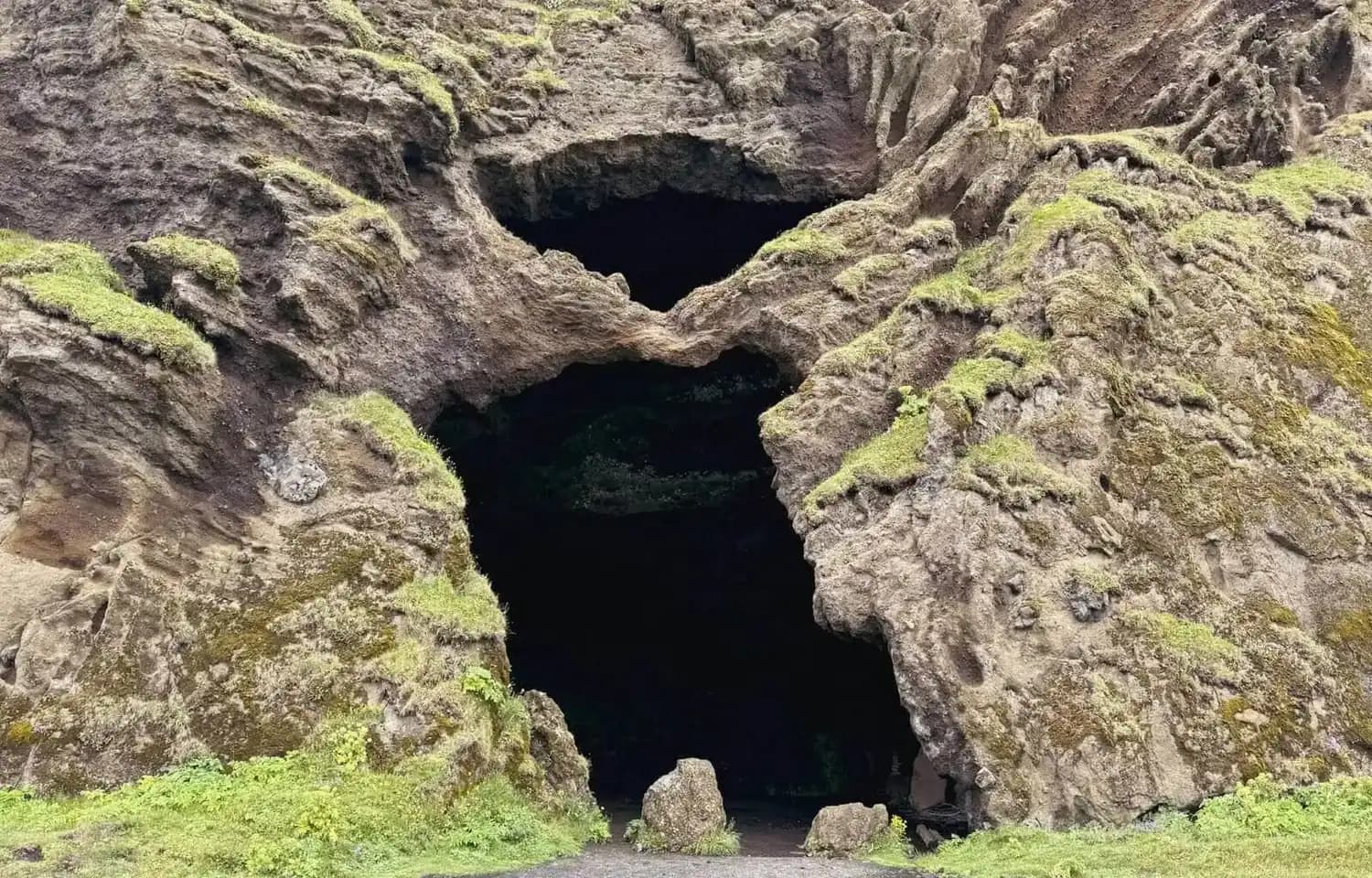 Rocky entrance of Gígjagjá, also known as Yoda Cave, at Hjörleifshöfði in South Iceland.