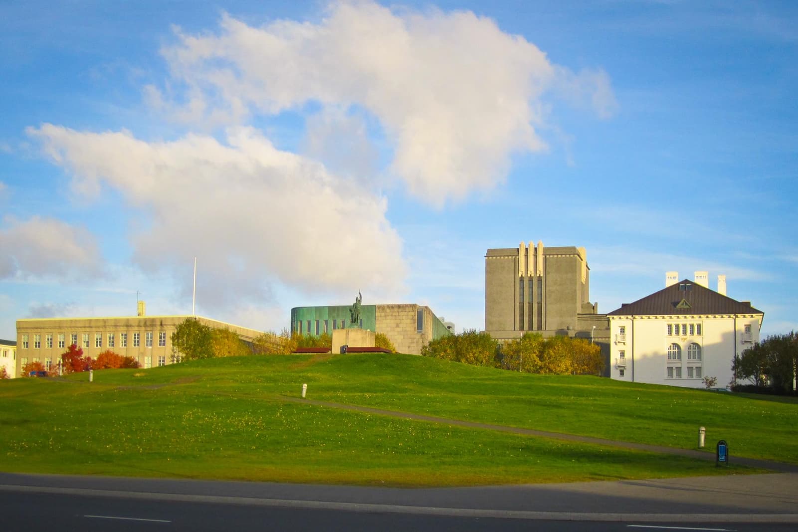 Arnarhóll hill in central Reykjavík with the Ingólfur Arnarson statue above the city
