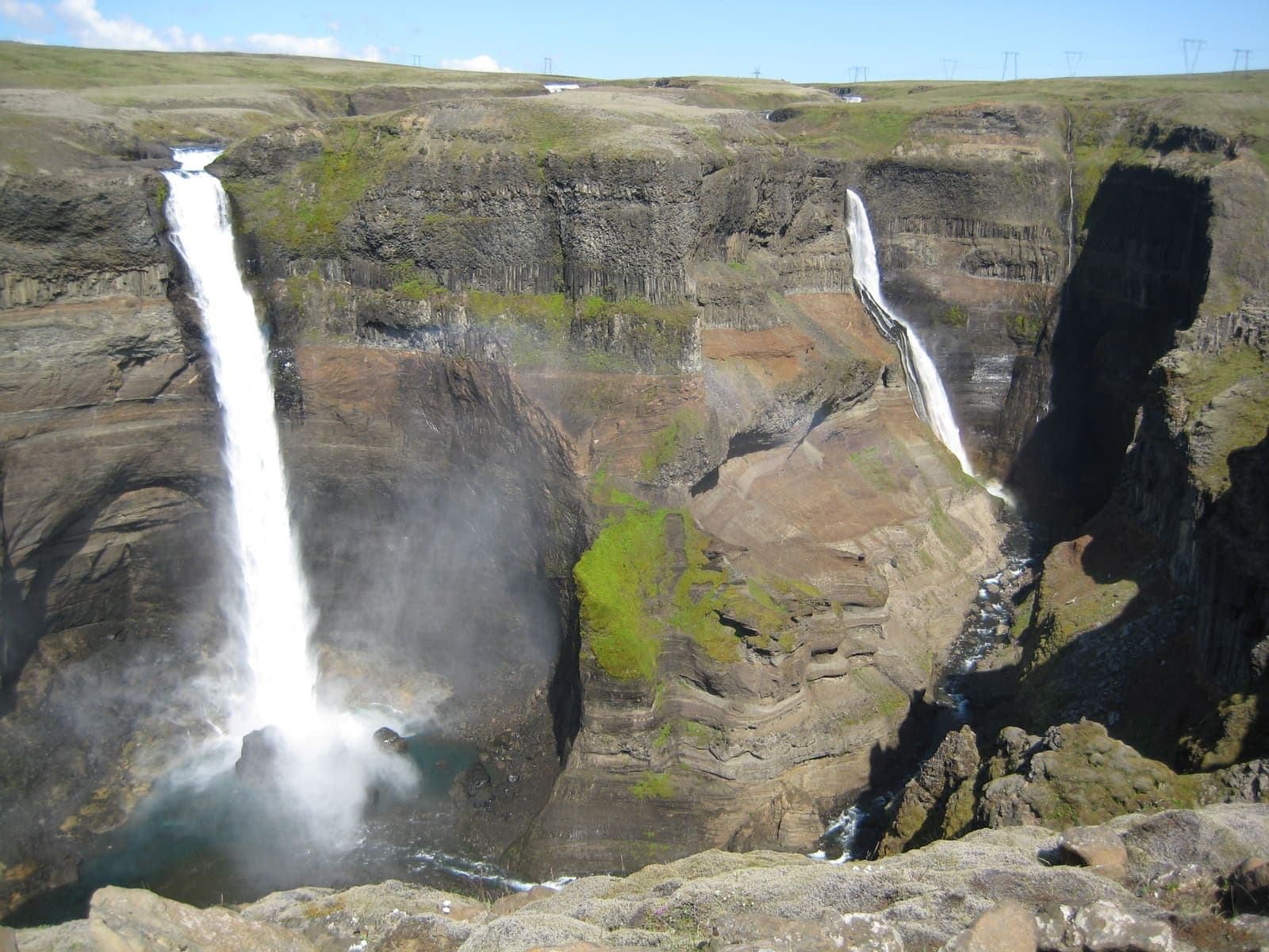 Granni waterfall dropping beside Háifoss into the Fossá canyon in Þjórsárdalur.