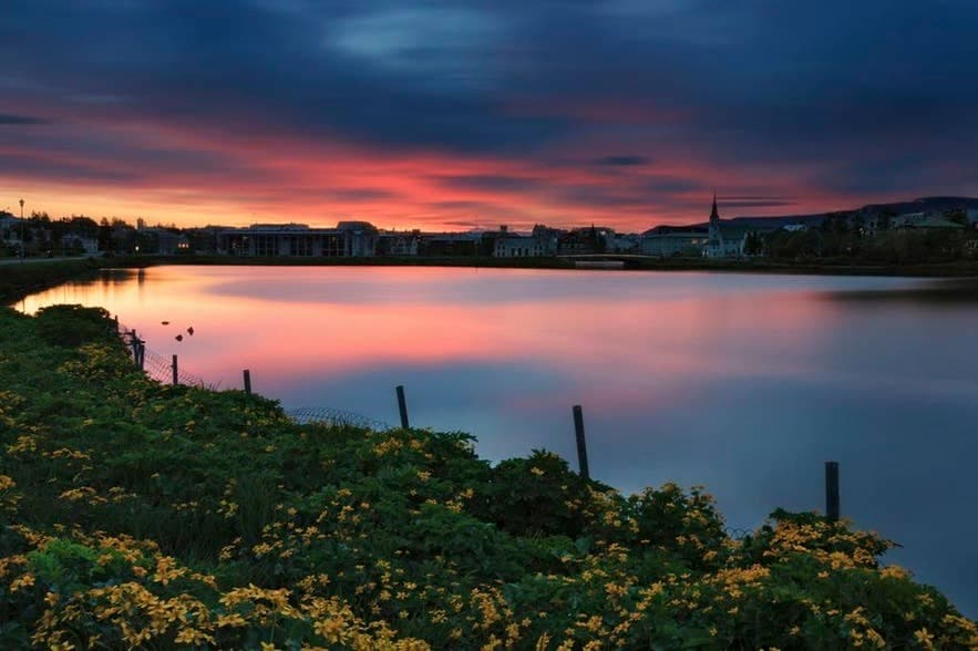 Tjörnin pond seen from Hljómskálagarðurinn park in central Reykjavík.