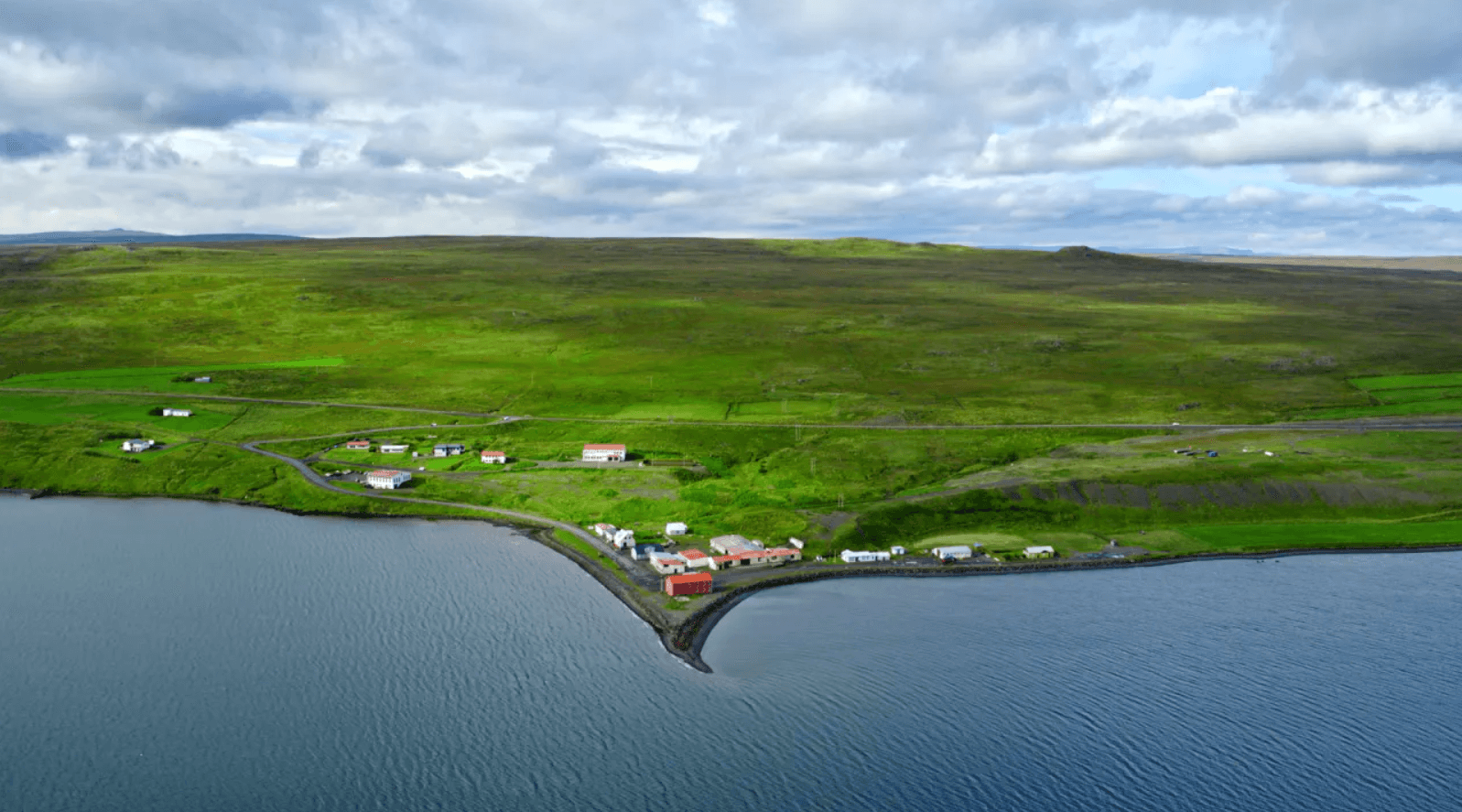 Aerial view of Borðeyri village on the shore of Hrútafjörður in Northwest Iceland.