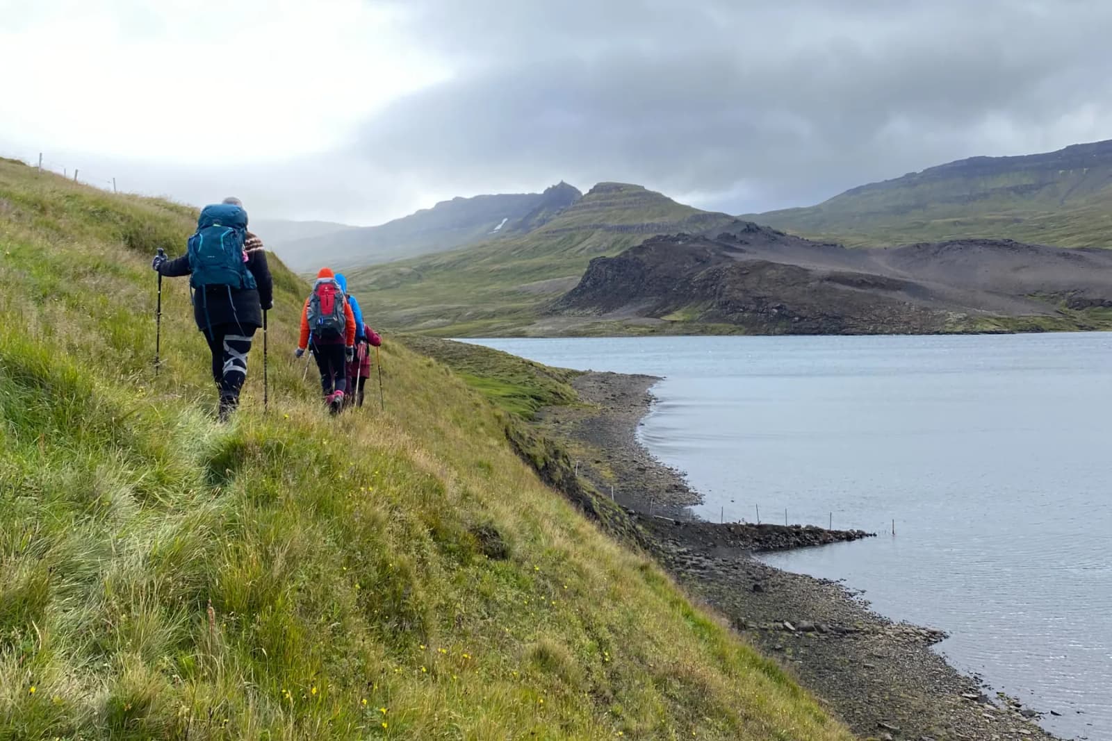 Hikers above Langavatn on the Vatnaleid route in West Iceland.