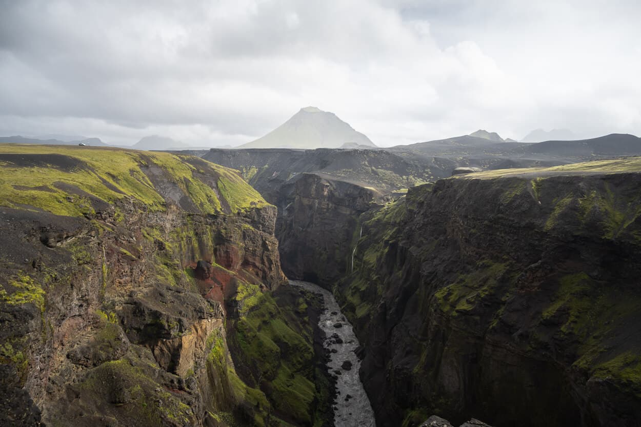 Markarfljótsgljúfur canyon with the Markarfljót river below and Hattfell mountain beyond the rim.