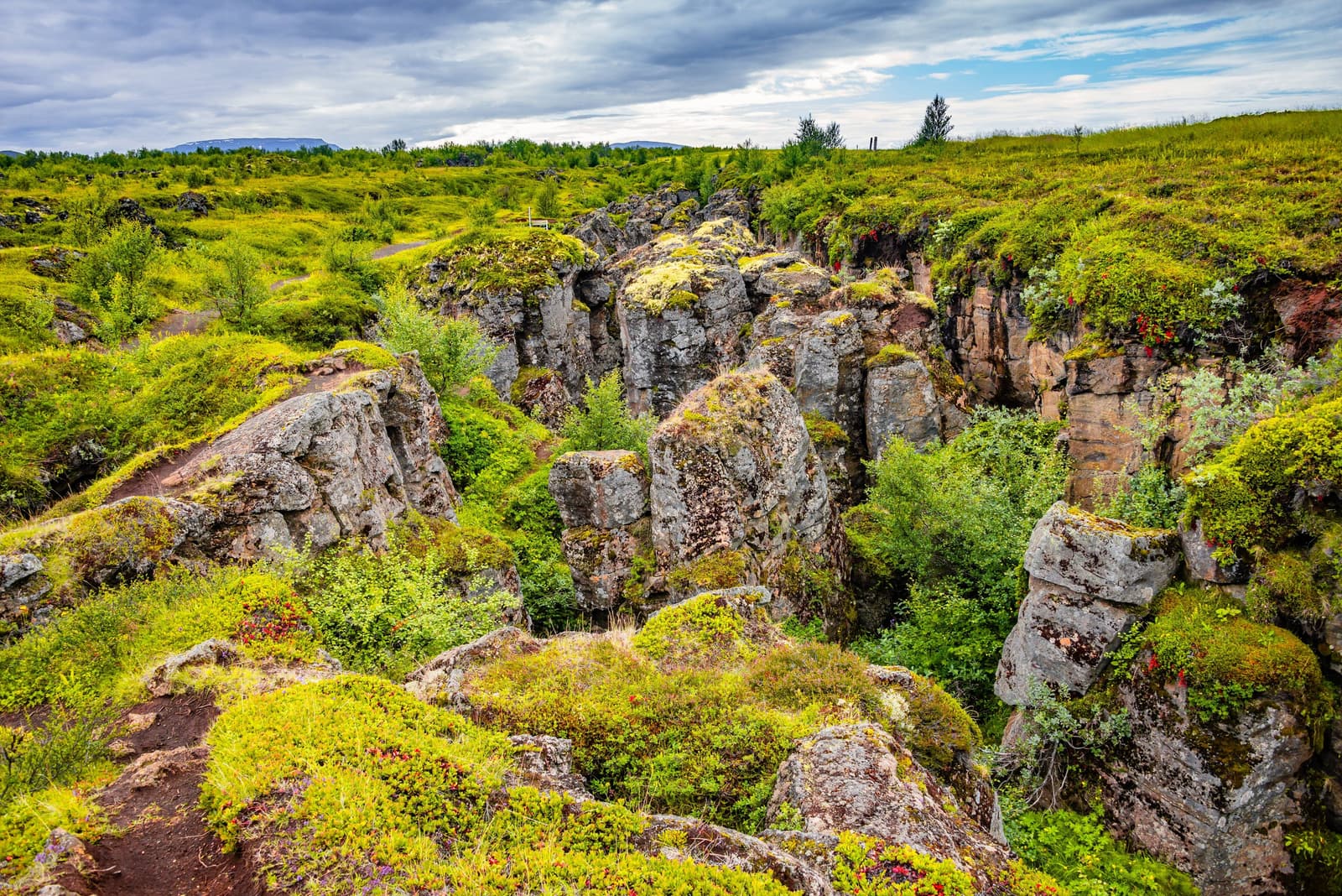 Mossy lava walls and a narrow footpath through Stóragjá rift near Lake Mývatn.