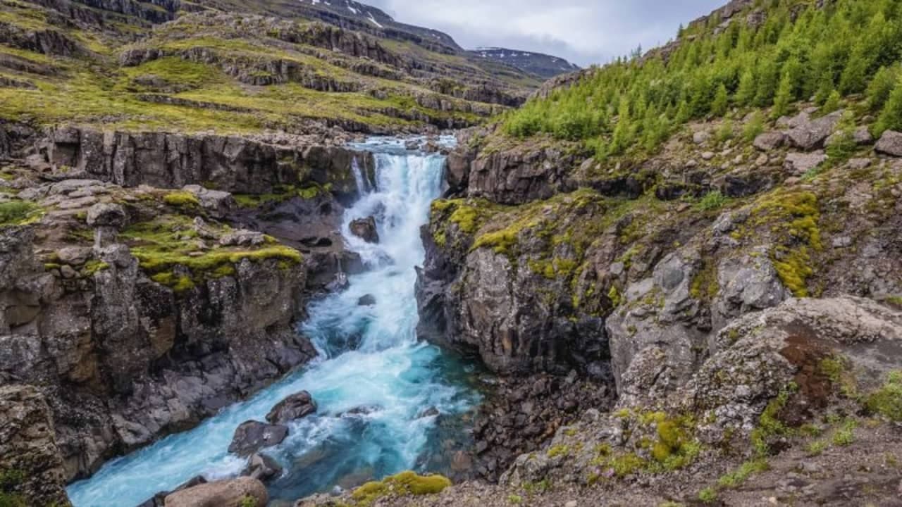 Sveinstekksfoss Waterfall dropping through a rocky Fossá River gully near Berufjörður in East Iceland.