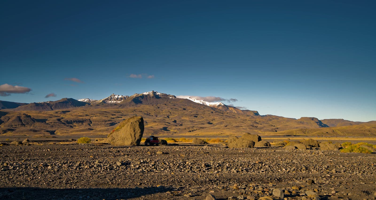 Tindfjöll and Tindfjallajökull rising above rocky highland terrain in South Iceland.