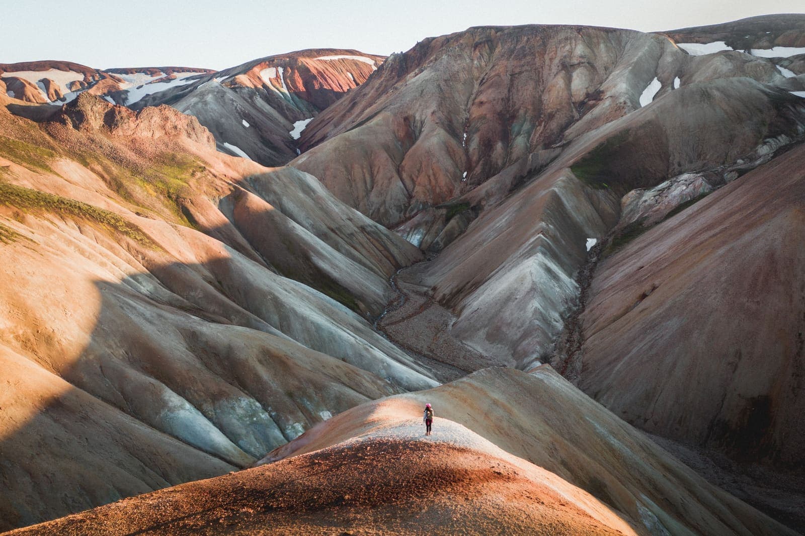 Hiking trail through colorful Landmannalaugar mountains in the Icelandic Highlands.