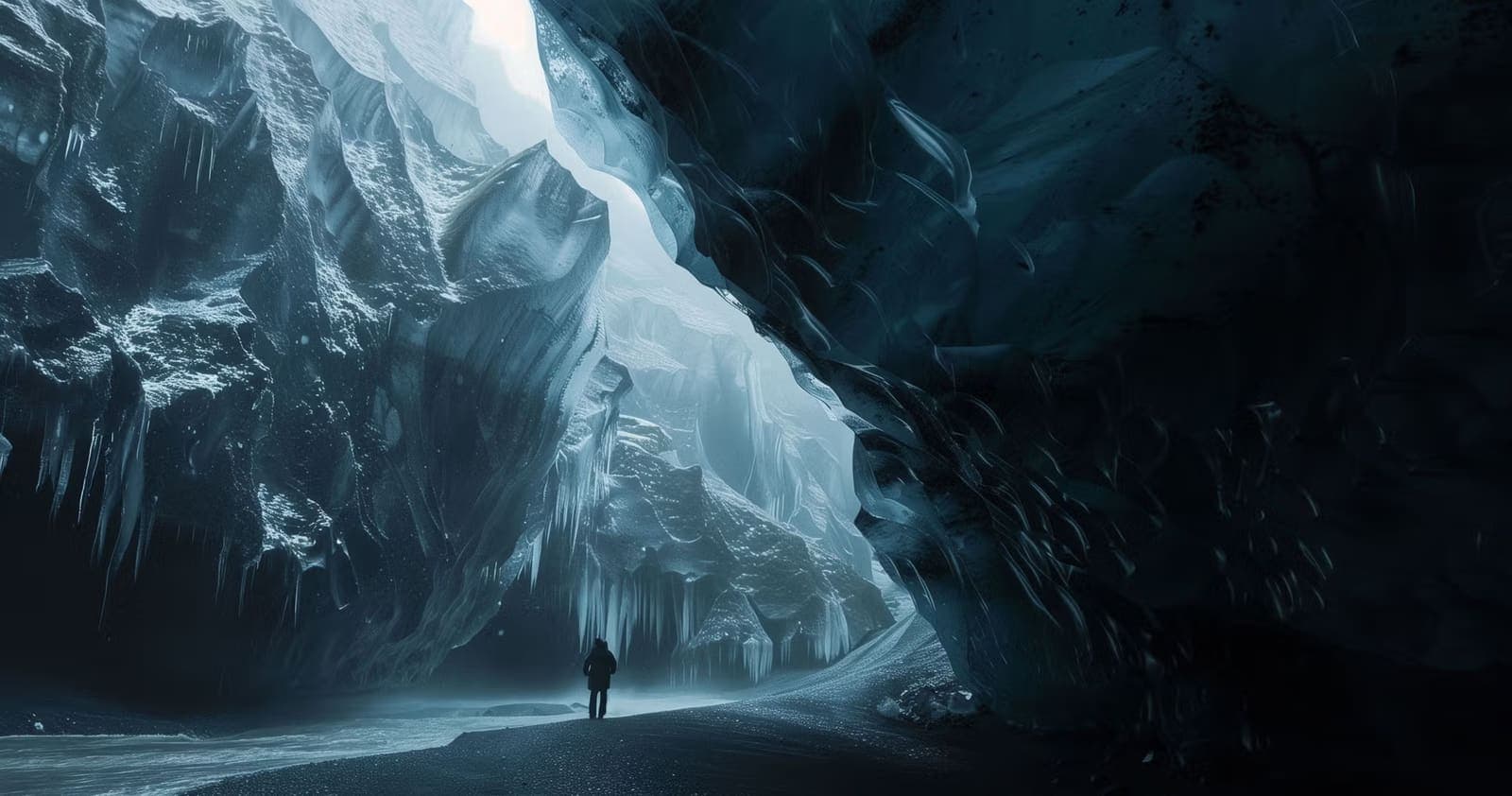 Travelers standing inside a blue and ash-dark Icelandic ice cave.