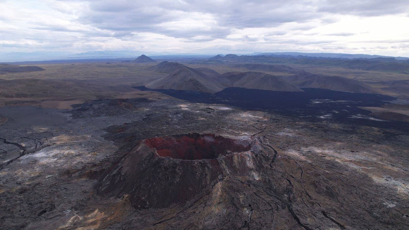 Aerial view of volcanic craters and lava fields on the Reykjanes Peninsula