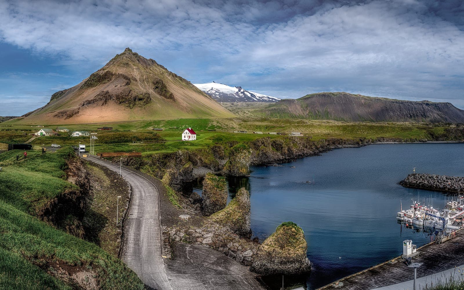 Arnarstapi harbour road beneath Stapafell and the snow-capped Snæfellsjökull volcano