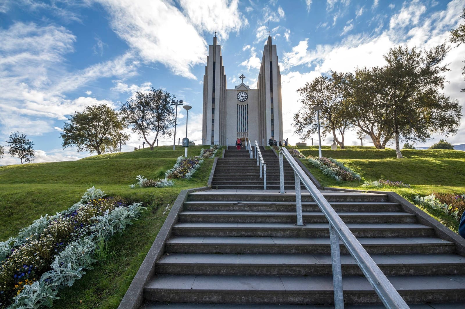 Steps and hillside landmark view around Akureyrarkirkja in Akureyri.