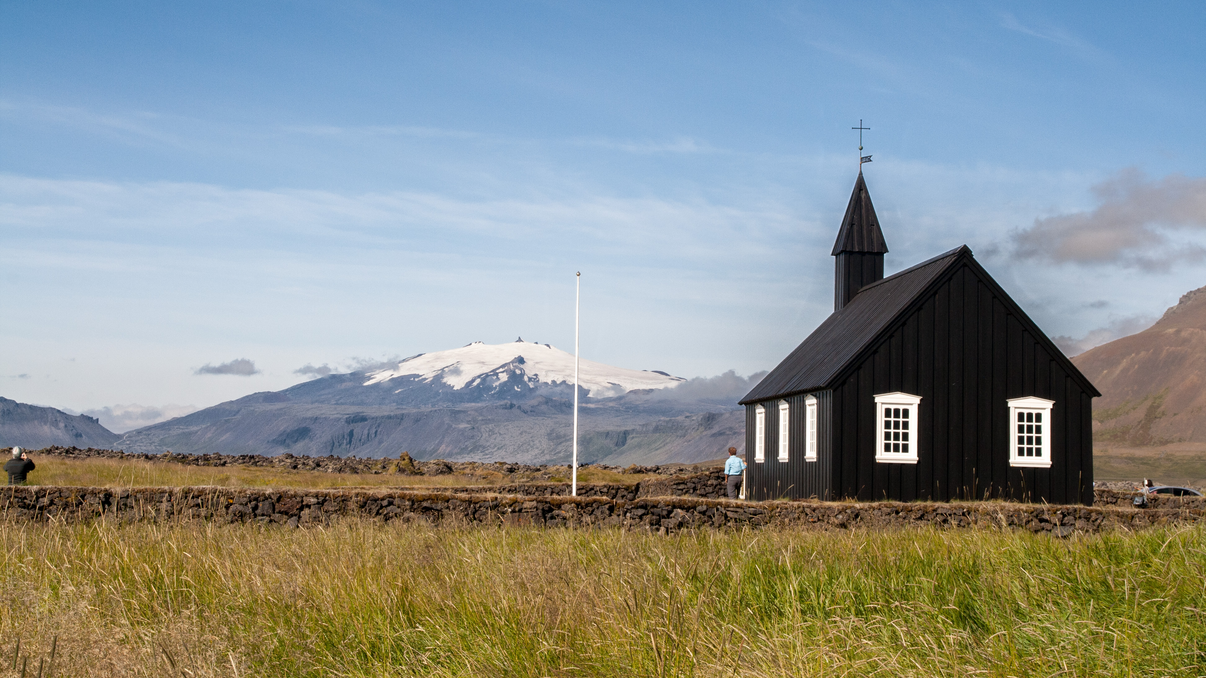 Búðakirkja with Snæfellsjökull rising behind the church on the Snæfellsnes Peninsula.