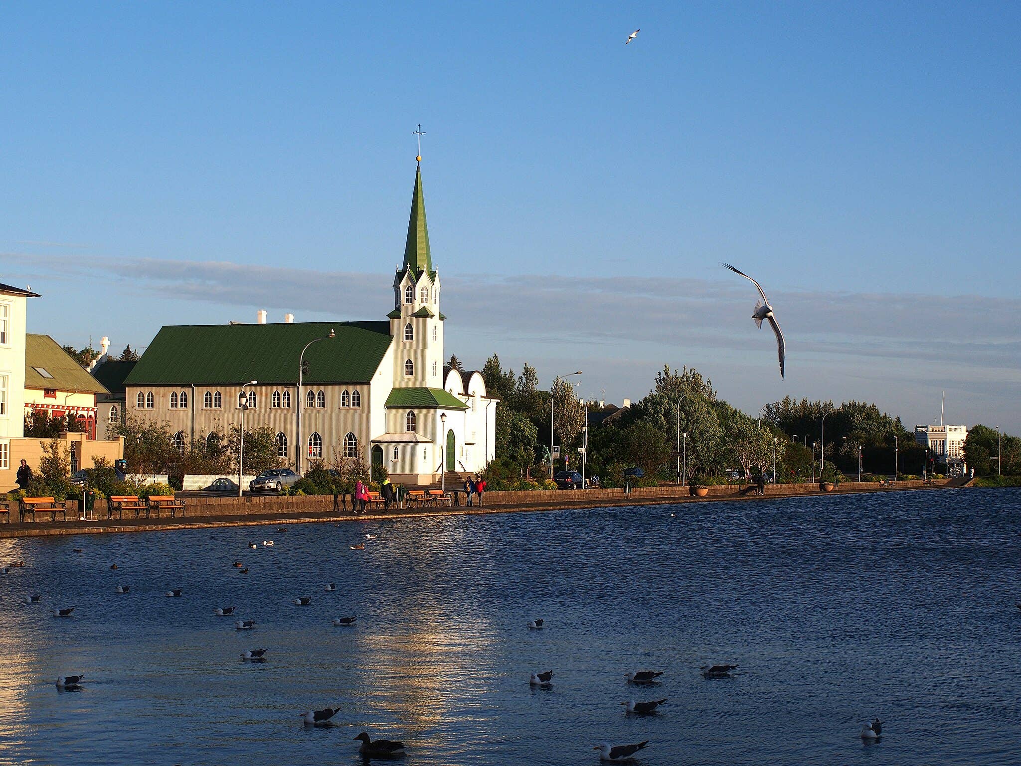 Fríkirkjan Church in central Reykjavík with its green roof and white facade.