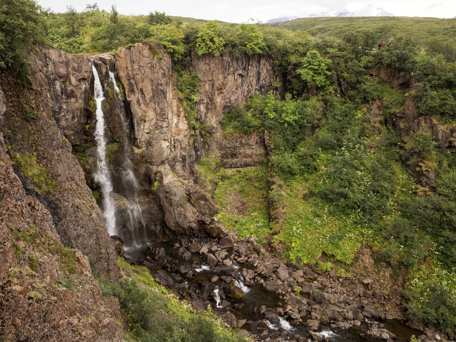 A broad view of Hundafoss dropping through the green Skaftafell gorge.